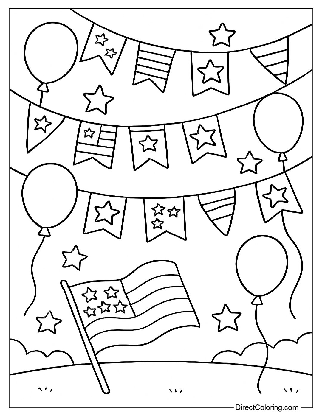 Coloring page of a decorative hanging all over the playground, with balloons and stars.